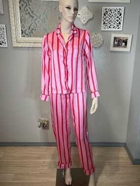 ASOS Design Pink & Red Striped Satin Pajama Set